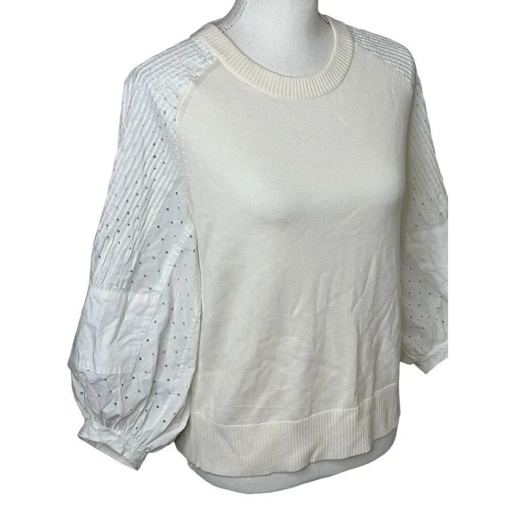 Akris Punto White Eyelet Puff Sleeves Virgin Wool Sweater Sz 2